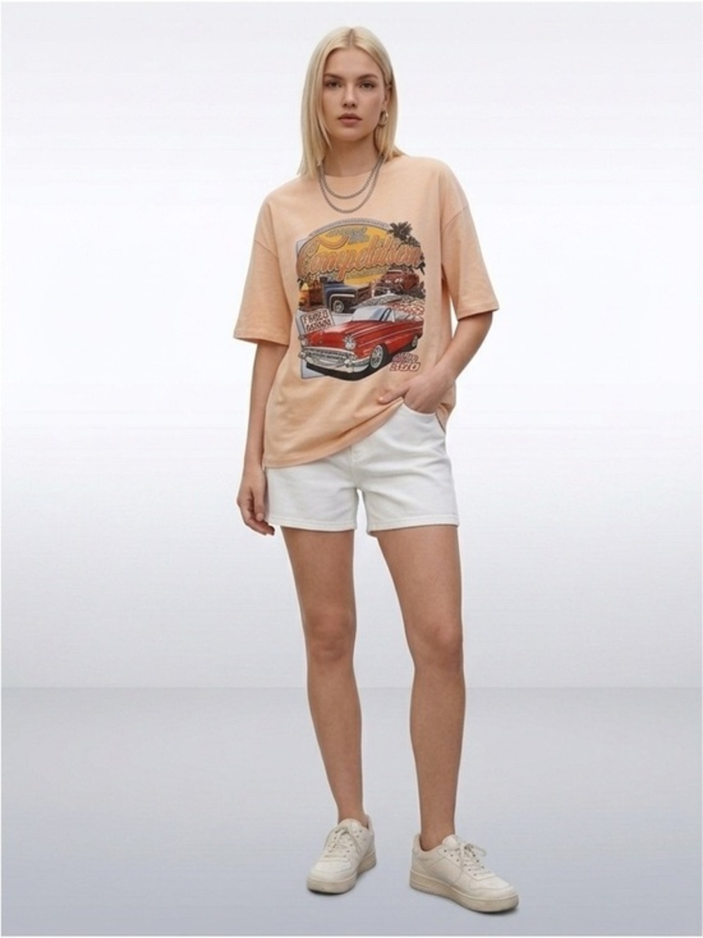 Beige Crewneck Graphic Short Sleeve T-Shirt Size Small Oversized